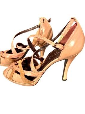 Vintage Via Spiga Pink Strappy Leather High Heel Sandals Suede Croc Embossed 7US